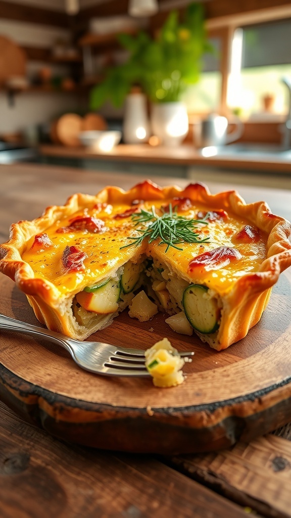 A savory zucchini onion pie with a golden crust, filled with zucchini and onions, garnished with herbs, on a wooden table.